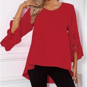 Red Split Sleeve Asymmetrical Blouse